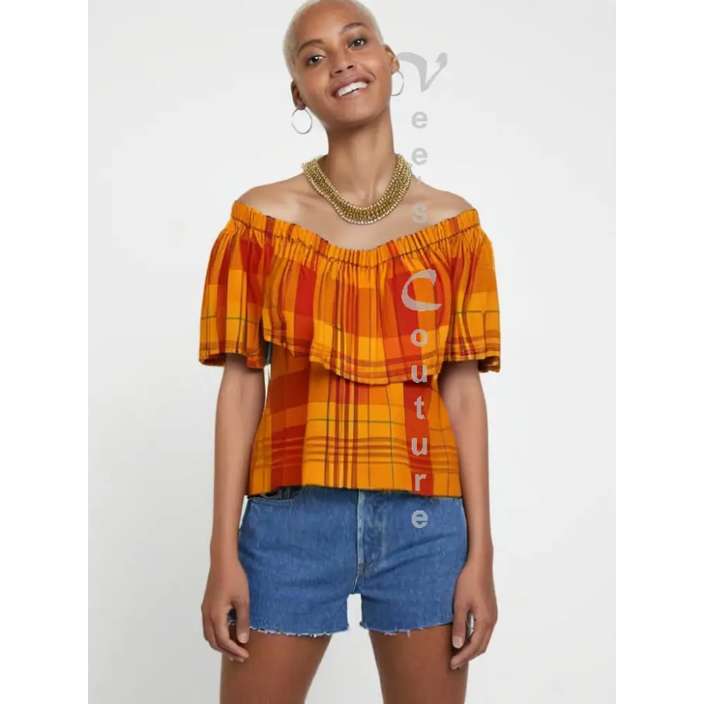 Single Layer Off-Shoulder Madras Blouse